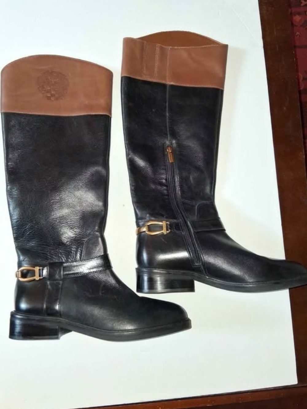 Vince Camuto Black and Brown Leather Bridle Bit Knee High Boots Size 8 1/2